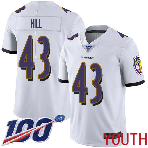 Baltimore Ravens Limited White Youth Justice Hill Road Jersey NFL Football #43 100th Season Vapor Untouchable->nfl t-shirts->Sports Accessory